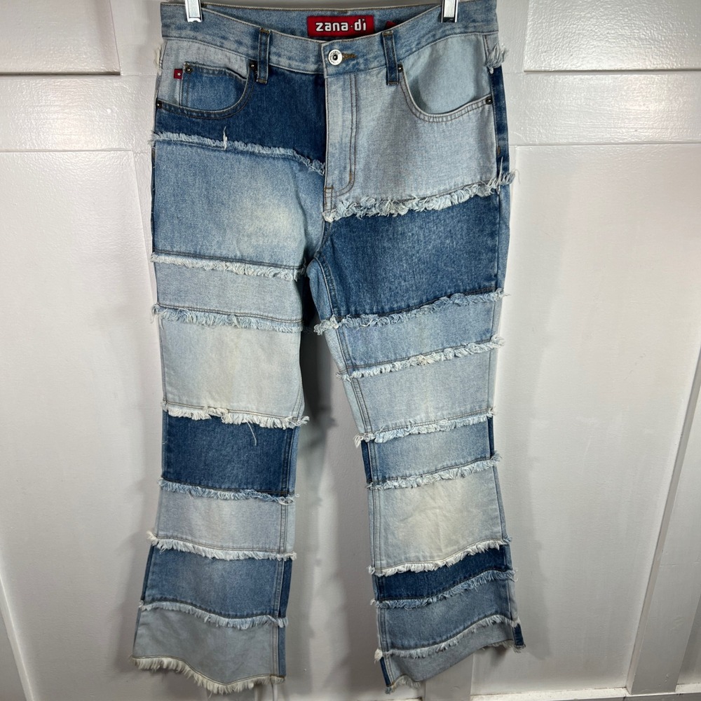 Zana Di Patchwork Frayed Denim Jeans Blue Multi-Tone Wide Leg Vintage Style 9